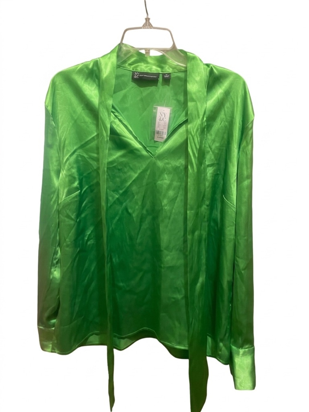 New York & Company Vibrant Green Satin Tie-Neck Blouse Jacket